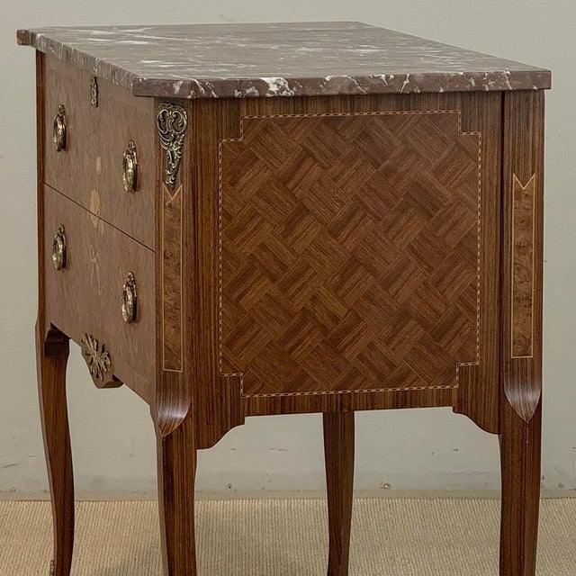 Antique French Louis XVI Style Marquetry Marble Top Commode For Sale - Image 11 of 18