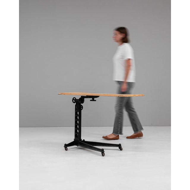 1920s French Cast Iron Folding Table With Wooden Top On Wheels For Sale - Image 11 of 12