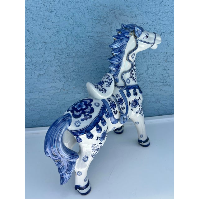 Vintage Blue & White Ceramic Tang Dynasty War Horse For Sale - Image 11 of 12