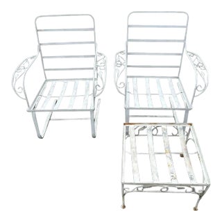 1960s Wrought Iron Rockers & Ottoman, 3 Pieces For Sale