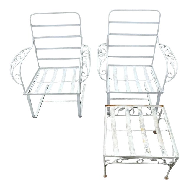 1960s Wrought Iron Rockers & Ottoman, 3 Pieces For Sale