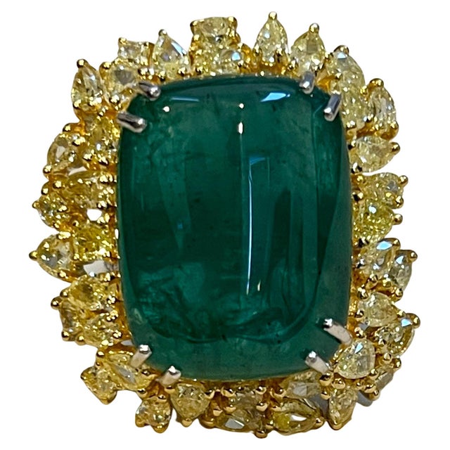 27.89 Ct Natural Colombian Emerald Cabochon & 5.73 Ct Yellow Diamond Ring 18 Kt, Size 6 For Sale - Image 18 of 18