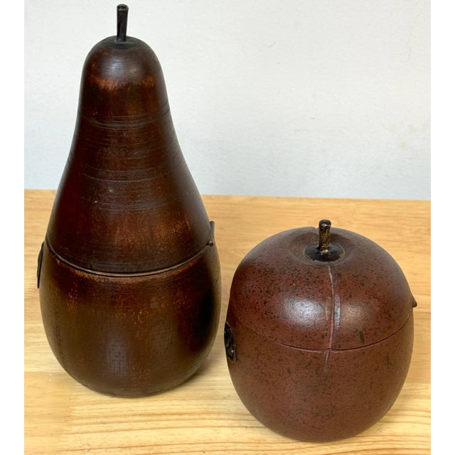Brown Two 20th C English Style Polychromed Carved Wood Apple & Pear Boxes/Tea Caddies - a Pair For Sale - Image 8 of 9