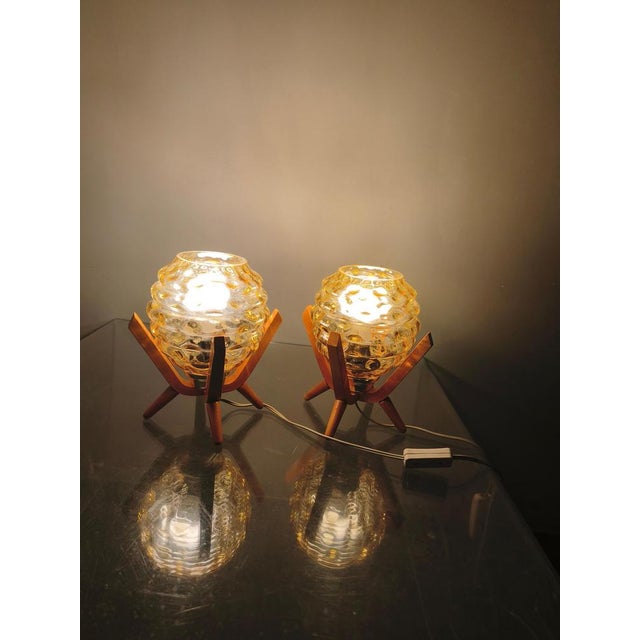 Mid-Century Wood and Yellow Glass Table Lamps, Czech, 1970s, Set of 2 For Sale - Image 9 of 11