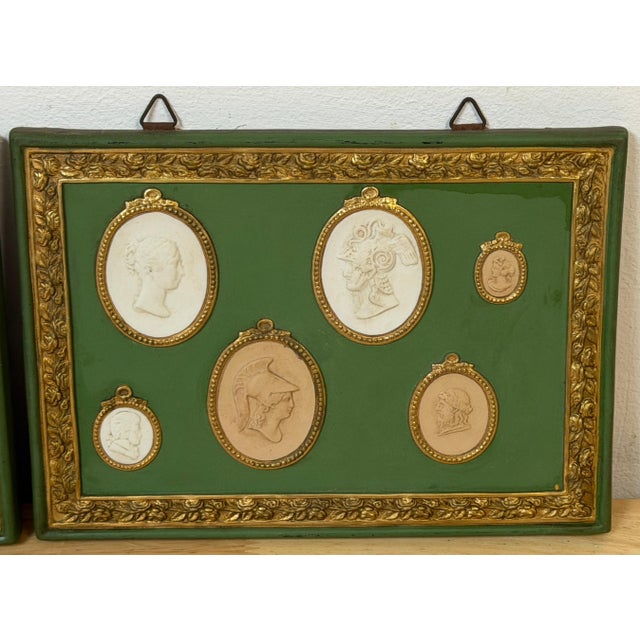 Green Pair of Italian Grand Tour–Style Green & Gilt Jasperware Intaglio Wall Plaques For Sale - Image 8 of 13