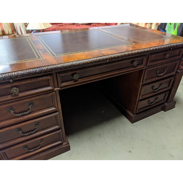 Mahogany & Leather Hekman Executive Desk With Detailed Carving Chairish