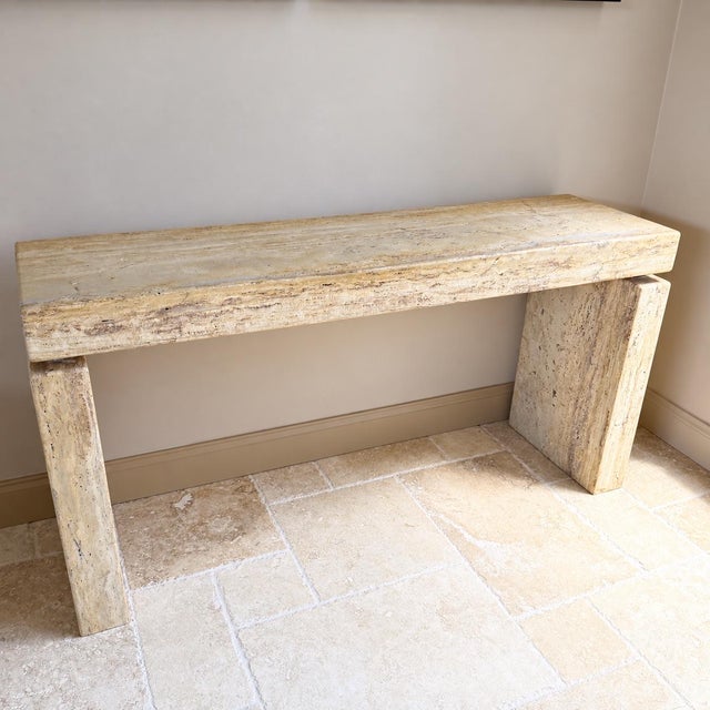 Striking vintage Italian console table crafted from substantial slabs of natural travertine with beautifully varied cream,...