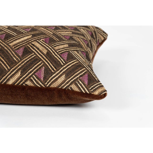Brown Pair of Custom Lumbar Cushions From Vintage African Kuba Cloth For Sale - Image 8 of 12