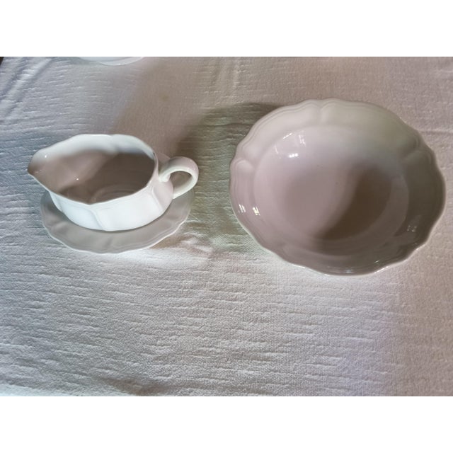 Vintage Sears Federalist White Ironstone Dinnerware Set - (Complete Service for 8 and Serving Pieces) Bonus Free Crystal Wine Glasses - 81 Pieces For Sale - Image 12 of 18