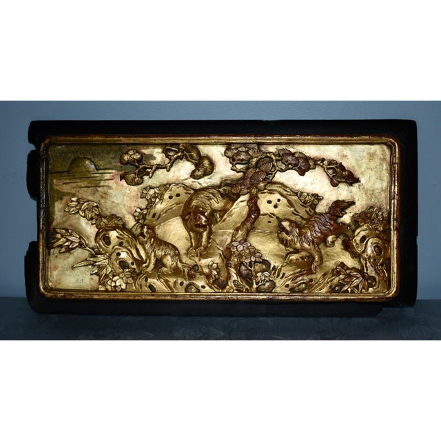 Antique Chinese Carved Figural Wood Plaque in Black & Gilded Finish For Sale - Image 11 of 11