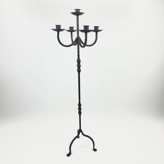 Hand Forged Iron Floor Candelabra 48.5″ (123cm) Antique Copper or Gold Patina 3-Arm Royal Scroll Candle Holder Decor For Sale - Image 4 of 12