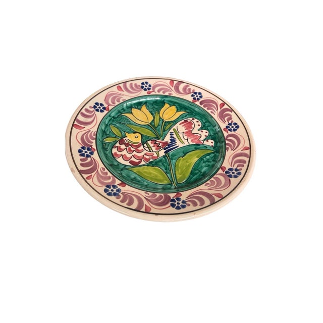 Mediterranean Vintage Hand-Painted Mediterranean Terracotta Ceramic Wall Plate – Bird & Tulip Motif For Sale - Image 3 of 12