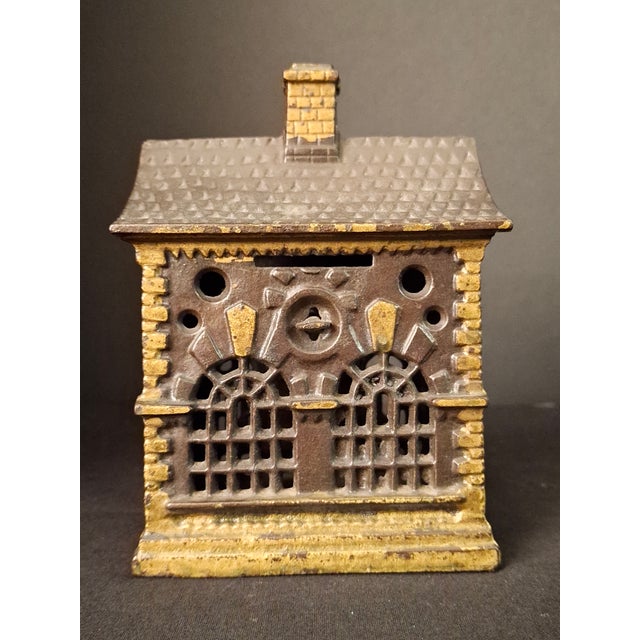 Antique Cast Iron Roof Bank J&e Stevens Architectural Building Still Coin Savings Bank Gold Paint C. 1890 For Sale - Image 10 of 18