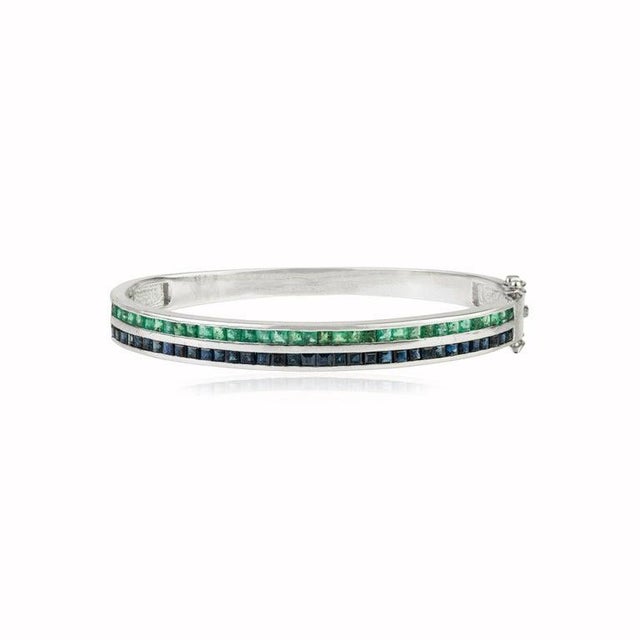 925 Sterling Silver Emerald & Blue Sapphire Gemstone Bangle Bracelet For Sale - Image 6 of 12