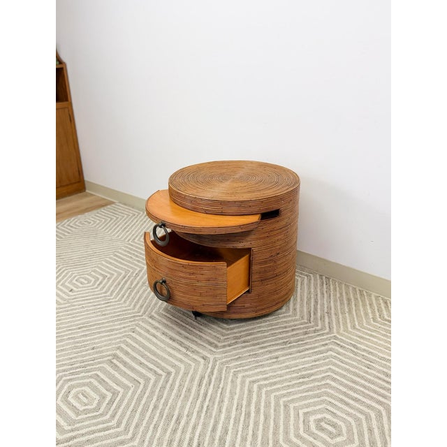 Brown Late 20th Century Pencil Reed Ribbed Round Rolling Side Table Drawer Gabriella Crespi Style For Sale - Image 8 of 9