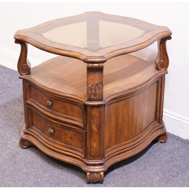 Drexel Drexel Heritage Talavera Collection Walnut Contemporary Spanish Mediterranean 27" Square Glass Topped Accent End Table For Sale - Image 4 of 13