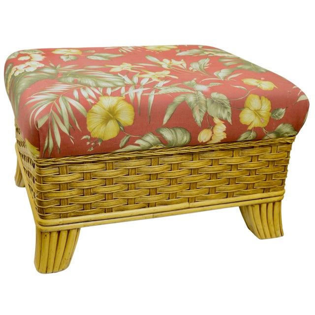 Vintage Braxton Culler comfy bamboo rattan wicker 25 inch ottoman with woven apron and bent bamboo sides and feet accented...
