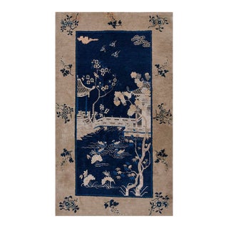 1920s Blue Navy Scene Pictorial Antique Chinese Carpet 4' X 6'8" Knotted Pile Wool Rug For Sale