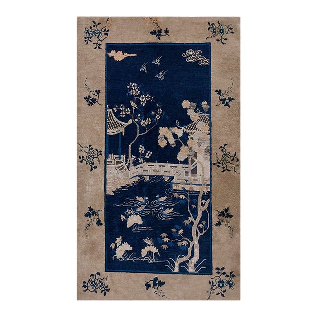 1920s Blue Navy Scene Pictorial Antique Chinese Carpet 4' X 6'8" Knotted Pile Wool Rug For Sale