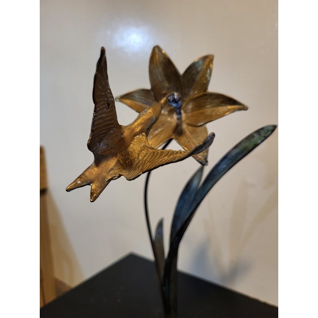 Bronze 1970s Bronze Metal Hummingbird Flower Sculpture For Sale - Image 8 of 17