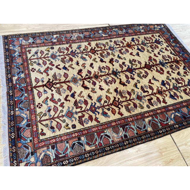 Vintage Afghan Tree of Life Bird Rug in Ivory, Indigo and Madder Red For Sale - Image 6 of 9