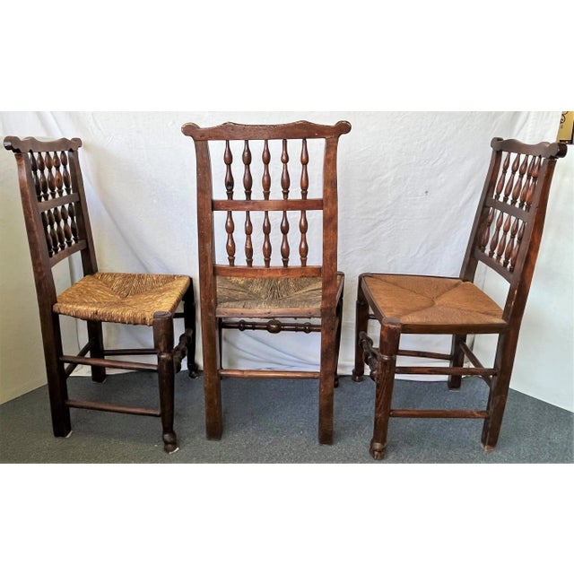 English Antique English Lancashire Elmwood Tavern Chairs With Rush Seats- Set of 6 For Sale - Image 3 of 13