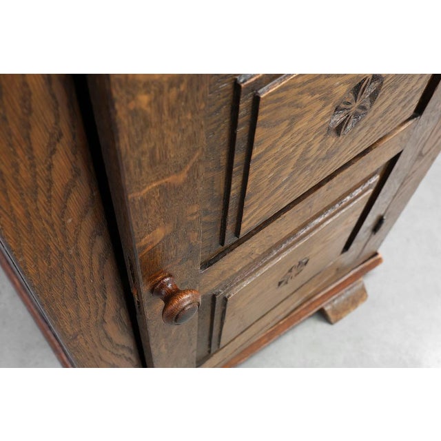 Brown Rustic Oak Cabinet with Geometric Floral Carvings, Belgium , 17th Century For Sale - Image 8 of 13