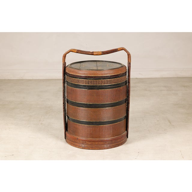 Vintage Chinese Rattan Wedding Basket with Carved Handle and Nested Containers For Sale - Image 4 of 18
