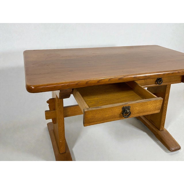Vintage Oak Writing Desk with Trestle Base, 1940s For Sale - Image 4 of 16