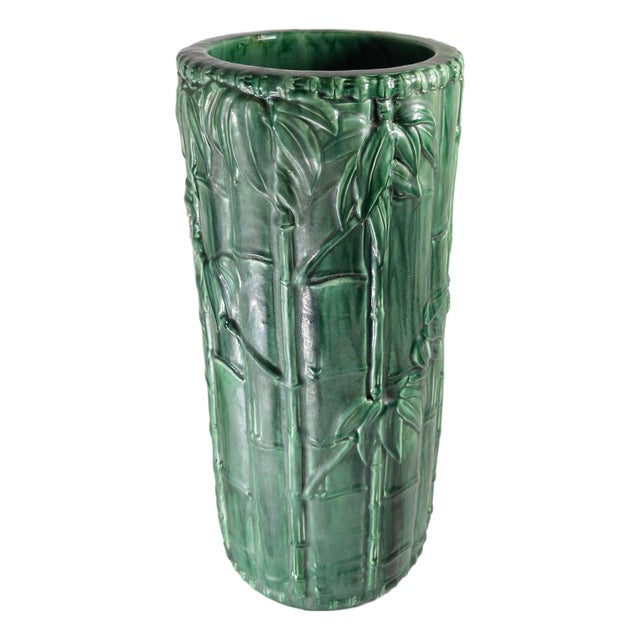 20th Century Japanese Faux Bamboo Green Glazed Pottery Umbrella Stand or Cane Holder For Sale