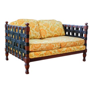 1960s Mid Century Brutalist Woven Leather Strap Brass Studded Loveseat by Gilliam (B) For Sale