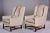 Pair of circa 1920s tall French winged armchairs with turned legs and stretchers, new off sand colored chenille velvet...