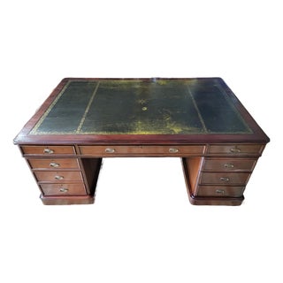 19th C English Executive Mahogany & Gold Tooled Leather Top Partners Desk For Sale