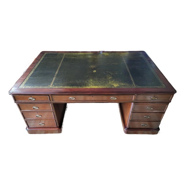 19th C English Executive Mahogany & Gold Tooled Leather Top Partners Desk For Sale
