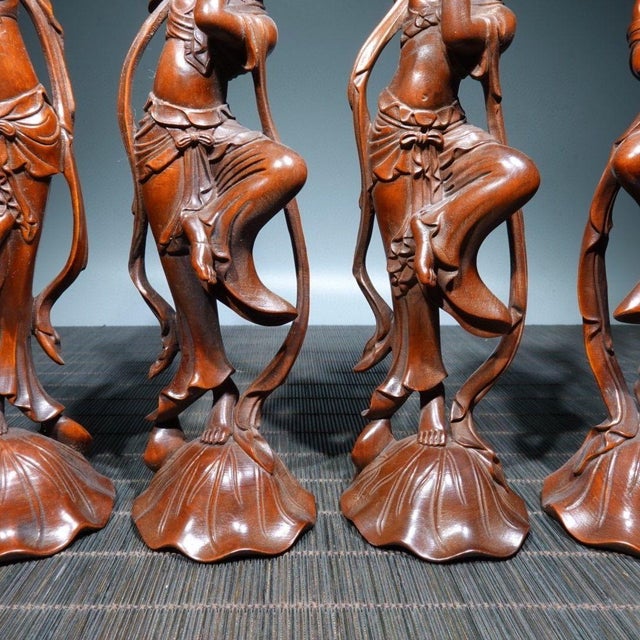 Wood Set of 4 Vintage Chinese Boxwood Dancing Figures | Carved Musician Statues For Sale - Image 7 of 9
