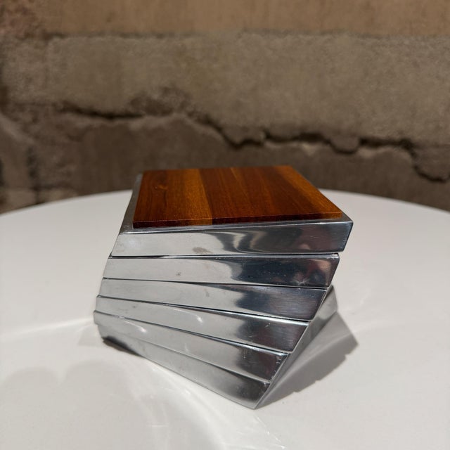 Metal Nambé Twist Coaster Set Lou Henry Acasia Wood Aluminum Post Modern For Sale - Image 7 of 9