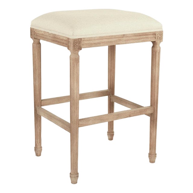 Louis Tufted Bar Stool - Linen / Weathered Gray Frame For Sale