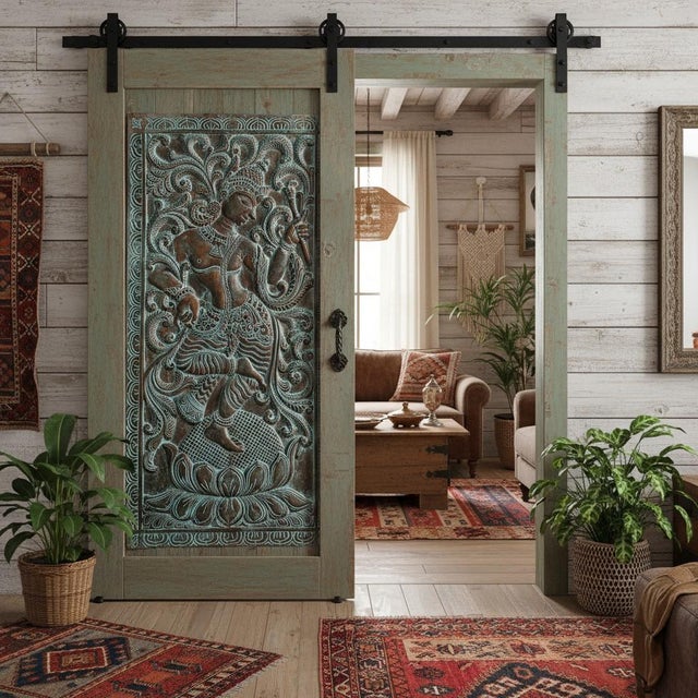 1920s Vintage Wall Decor Barn Door Panel Dancing Krishna Carving Wall Hanging 72 For Sale - Image 5 of 5