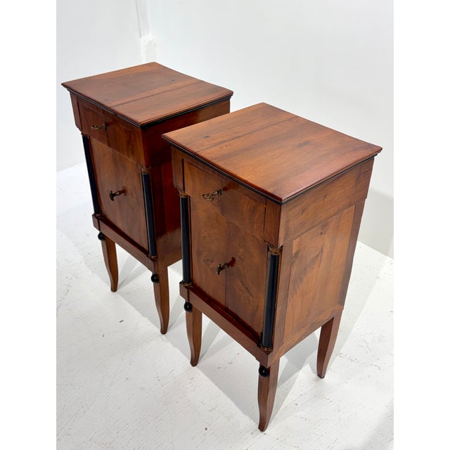 Pair of Early 19th Century Italian Empire Walnut Commodini With Ebonized Columns For Sale In Atlanta - Image 6 of 13