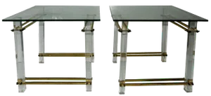 Vintage Fiam Italia Lucite & Brass Glass Top Side Tables- A Pair