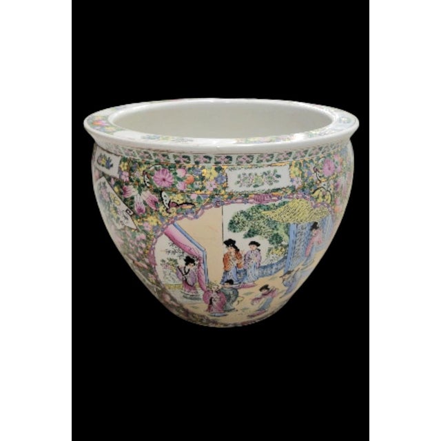 Chinoiserie Vintage Oversized Qianlong Famille Rose Style Chinese Chinoiserie Porcelain Fish Bowl Planter For Sale - Image 3 of 8
