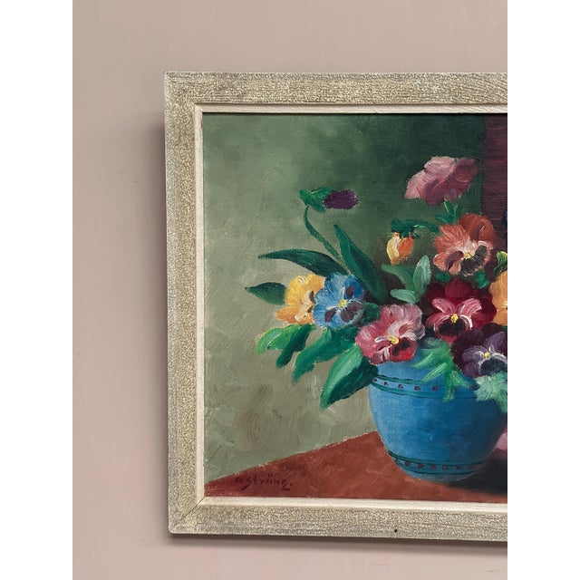 G. Stränz, Pansies in Blue Vase, 1960s, Oil Painting on Canvas, Framed For Sale - Image 12 of 17