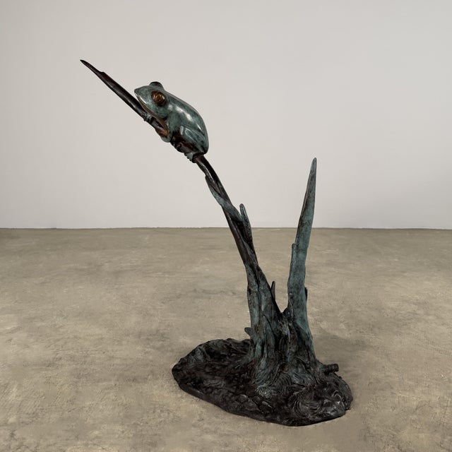 Bronze Frog Fountain Sculpture, 30” Tall, Verdigris Garden Water Feature For Sale In Dallas - Image 6 of 14