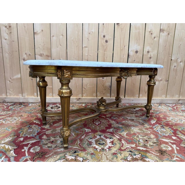 Louis XVI Style Coffee Table Gilded Wood and Carrara Marble, 1890s For Sale - Image 5 of 7