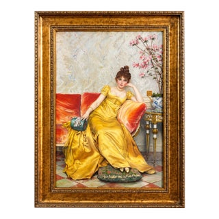 Elegant European Portrait Wall Art – Woman in a Golden Yellow Gown With Ornate Gold Leaf Wood Frame For Sale