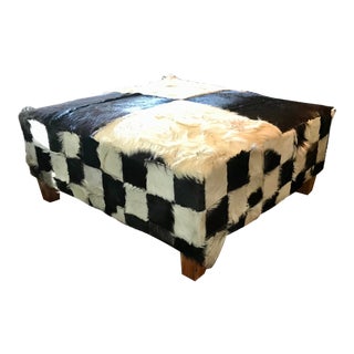 Vintage Black and White Checkered Hair-On-Hide Leather Ottoman For Sale