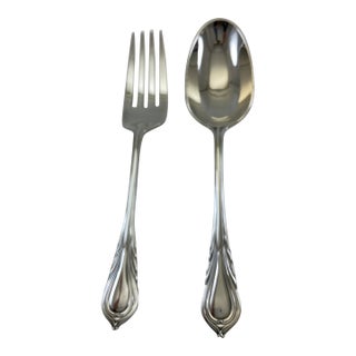1980s Silver Pair Large Serving Spoon & Fork, Lily. For Sale