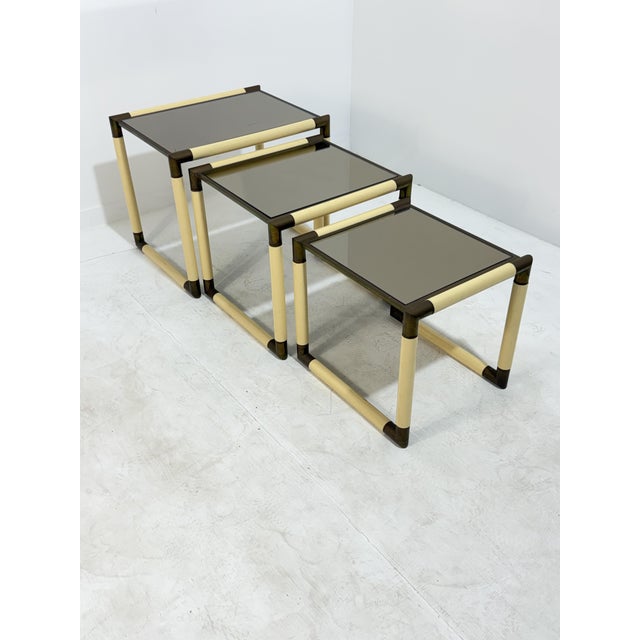 Enameled Metal and Brass Coffee Tables in the style of Tommaso Barbi, 1970, Set of 3 For Sale - Image 17 of 17