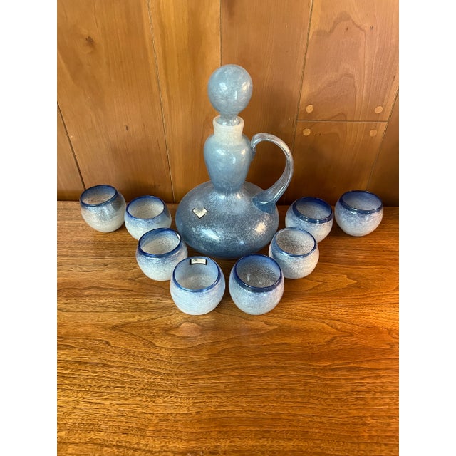 Mid-Century Mexican Hand Blown Light Blue “Bubble Glass” Carafe and Glass Set- 10 Pieces For Sale In Saint Louis - Image 6 of 12