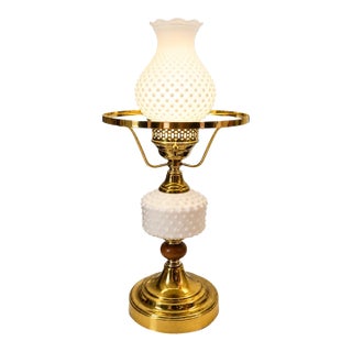 Vintage Hobnail Milk Glass & Brass Hurricane Table Lamp With Turned Wood Accent For Sale